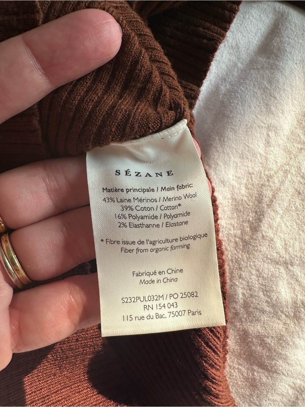 Sezane Maha jumper Brown Ribbed Scoop V-Neck Long Sleeve Top - Picture 5 of 5
